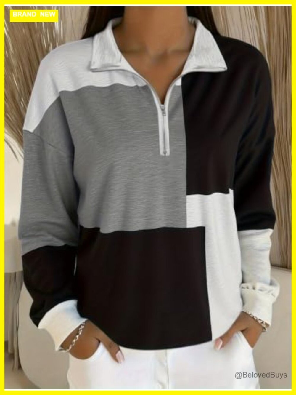 Women's Color Block Half Zip Lapel Long Sleeve Casual Sweatshirt